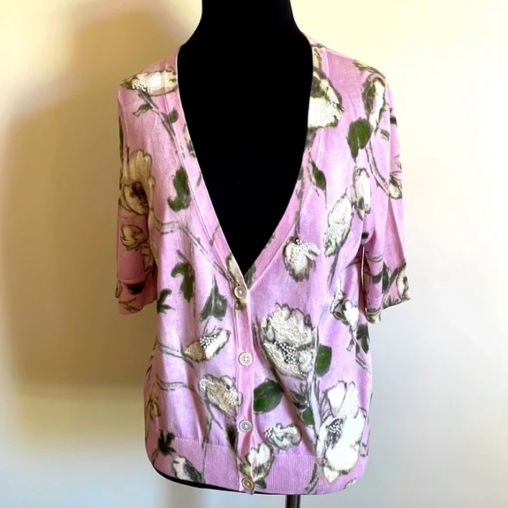 Talbots Floral Print Lilac Purple Short Elbow Sleeve Length Cardigan Size Large